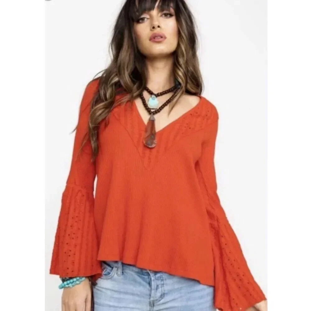 Free People Womens Parisian Nights Top Small Red Embroidered Boho Bell Sleeve